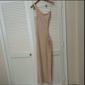 One-Shoulder Beige Ribbed Maxi Dress w/ Open Side and Tie at the Waist